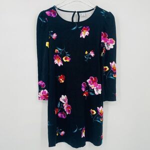 Old Navy Size XS Black & Pink Floral 3/4 Sleeve Knit Shift Mini Dress